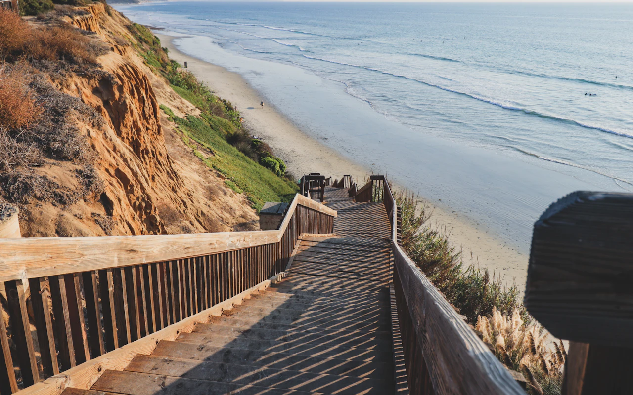 Wooden beach stairway down a coastal bluff in Encinitas