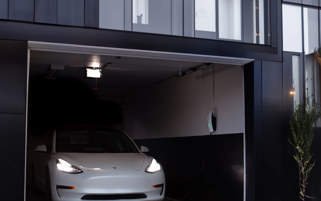Electric car parked in a modern garage