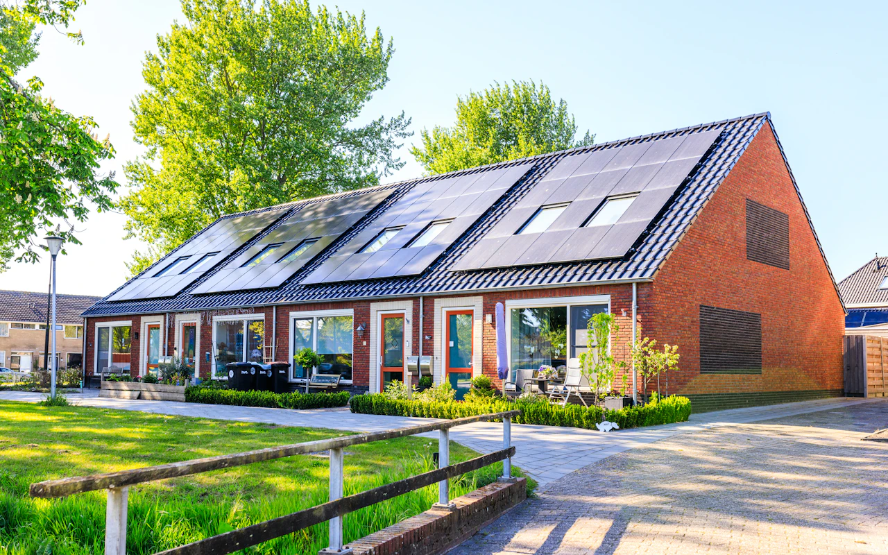 Row of homes with rooftop solar panels